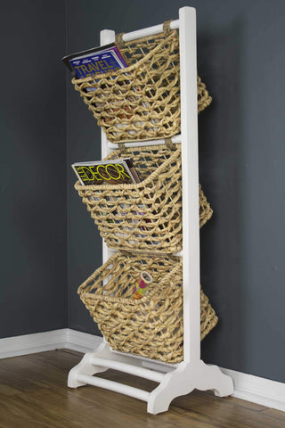 ArtFuzz 42.25 inch White Wood Magazine Rack with 3 Hyacinth Storage Baskets