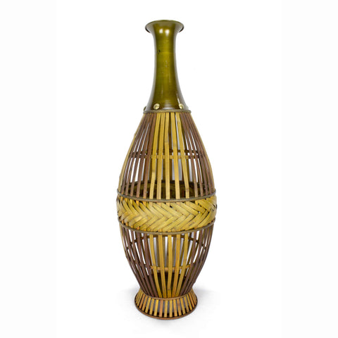 ArtFuzz 33.25 inch Grey with Distressed Wood Bamboo and Metal Vase with a Decoaritve Band