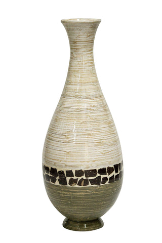 ArtFuzz 27 inch Spun Bamboo Floor Vase - Bamboo in Distressed White and Green W/Coconut Shell