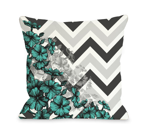 Amber Chevron Floral - Turquoise Throw Pillow by OBC 18 X 18