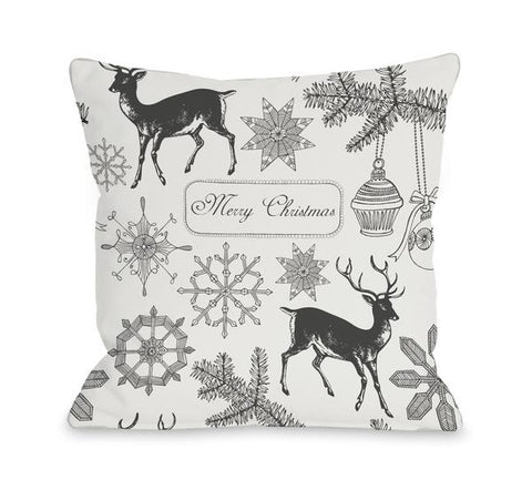 Merry Christmas Snowflake Reindeers - Ivory Gray Throw Pillow by OBC