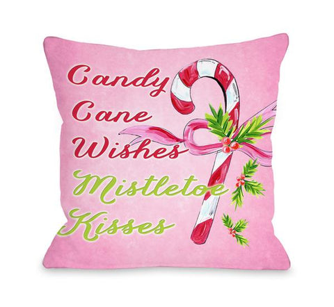 Candy Cane Wishes, Mistletoe Kisses - Pink Multi Throw Pillow by Timree Gold