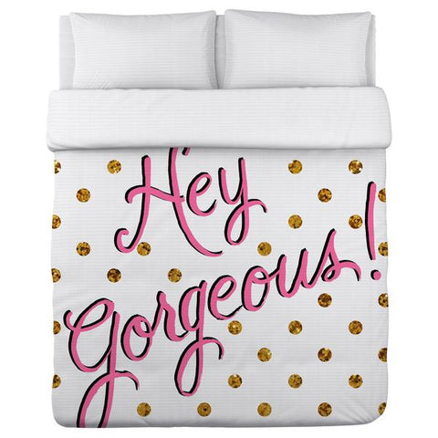 Hello Gorgeous Dots/Gold Dots - White Pink Gold Lightweight Duvet by Timree Gold