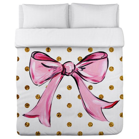 Pink Bow Dots/Bows - White Pink Gold Lightweight Duvet by Timree Gold