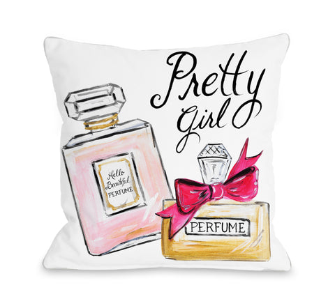Pretty Girl Perfume Pink Bow/Multiple Perfumes - White Multi Throw Pillow by Timree 18 X 18