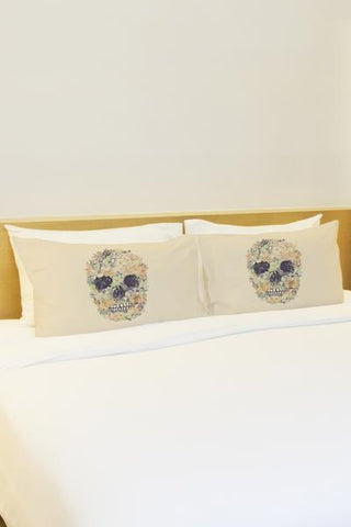 Dia Muertos Skull Flowers 2- Cream Multi Pillowcase by OBC