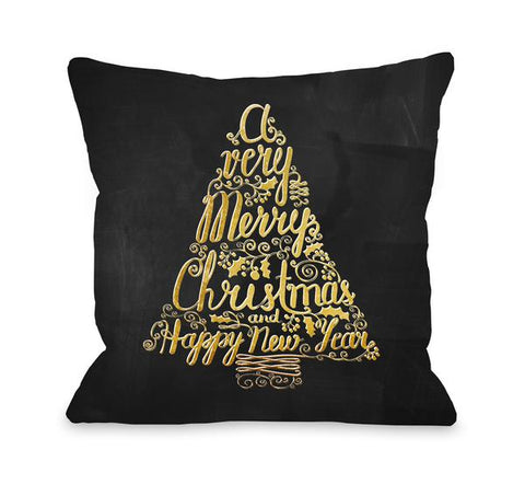Merry Christmas Tree Metallic Chalkboard - Gray Throw Pillow by OBC