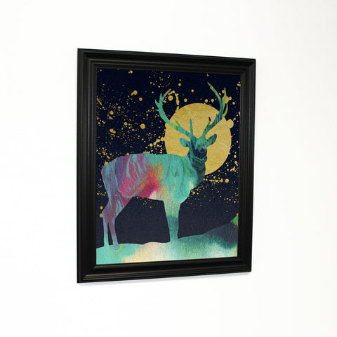 Moon Deer - Multi Black Traditional Framed Canvas by OBC 11 X 14