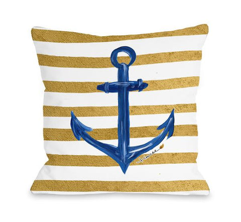 Anchor Gold Stripes - White Gold Blue Throw Pillow by Timree Gold