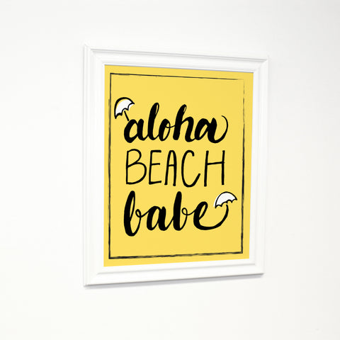 Aloha Beach Babe - Yellow Black White Traditional Framed Canvas by OBC 11 X 14