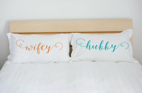 Wifey And Hubby - Orange Blue Set of Two Pillow Case by