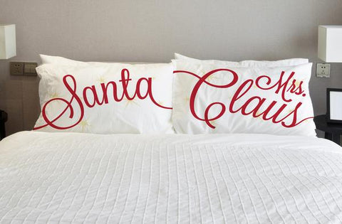 Santa Mrs. Claus Retro Stars - Red Set of Two Pillow Case by