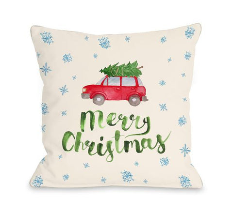 Merry Christmas Car Tree Throw Pillow by OBC