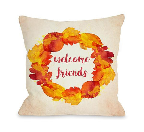 Welcome Friends Wreath Throw Pillow by OBC