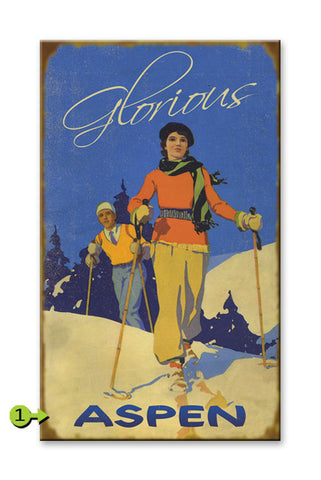 Glorious Skiing Pair Metal 14x24