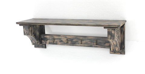 ArtFuzz 9.75 inch X 8 inch X 30 inch Black Vintage Wooden Wall Shelf with 4 Metal Hooks