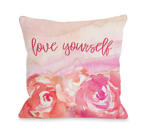 Love Yourself Floral - Pink Throw Pillow by OBC 18 X 18