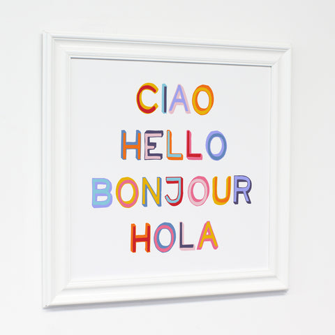 Ciao Hello Bonjour Hola - Multi 12x12 White Traditional Framed Canvas by OBC 12 X 12