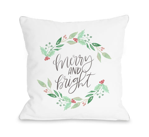 Merry And Bright Wreath - White Throw Pillow by OBC 18 X 18
