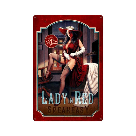 Lady In Red Metal Sign Wall Decor 12 x 18