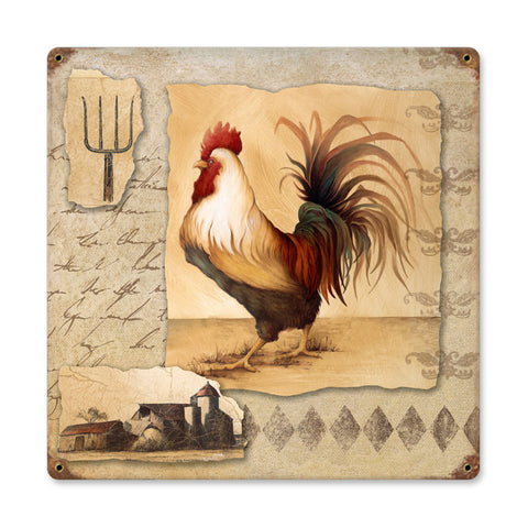 Rooster Pitchfork Metal Sign Wall Decor 18 x 18