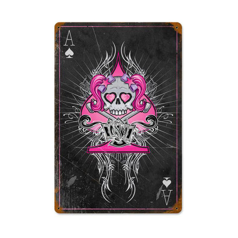 Pink Ace Skull Metal Sign Wall Decor 18 x 12