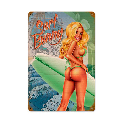 Surf Bunny Metal Sign Wall Decor 12 x 18
