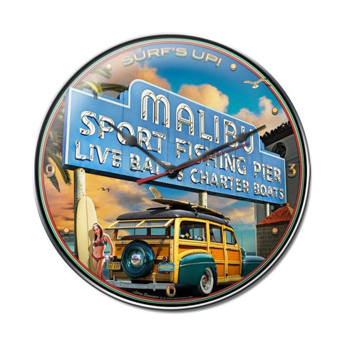 Malibu Pier Clock Metal Sign Wall Decor 14 x 14