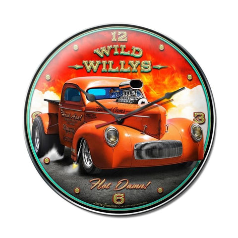 Wild Willys Hot Damn Hot Rod Clock Metal Sign Wall Decor 14 x 14