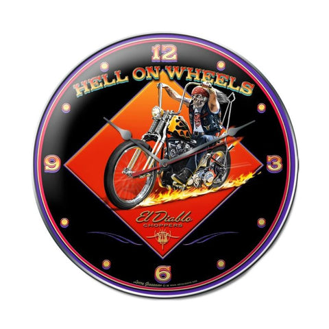 Hell On Wheels Clock Metal Sign Wall Decor 14 x 14