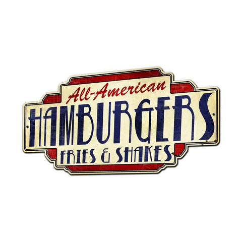 All American Hamburgers Fries & Shakes Metal Sign Wall Decor 28 x 15