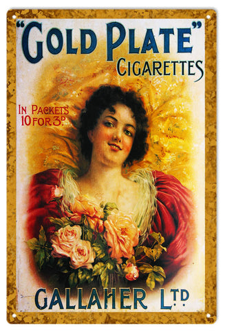 Vintage Gold Plate Cigarettes Metal Sign