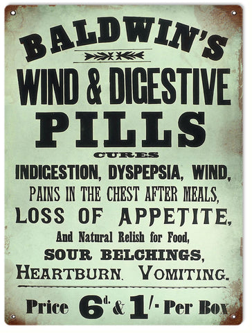 Vintage Baldwins Wind And Digestive Pills Sign 9x12