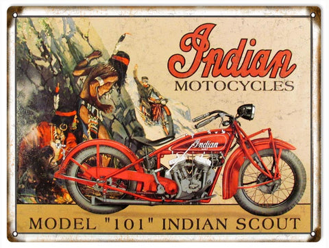 Vintage 101 Indian Scout Motorcycle Sign 9x12