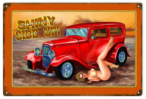Vintage Shiny Side Up Pin Up Girl Metal Sign