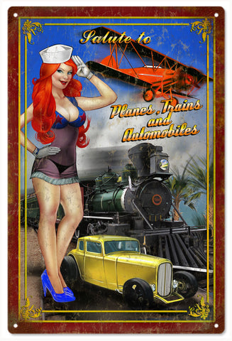 Vintage Salute To Planes Trains And Automobiles Metal Sign