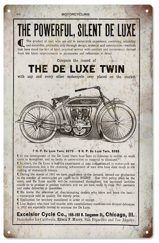 Vintage De Luxe Twin Motorcycle Sign