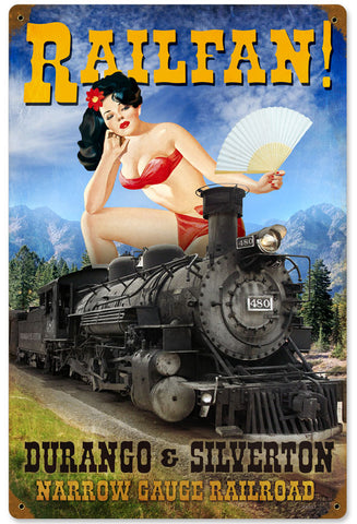Vintage Railfan Railroad Pin Up Girl Metal Sign
