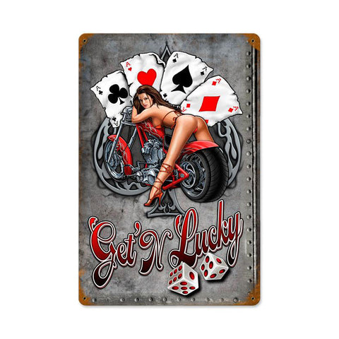 Gettin Lucky Bike Metal Sign Wall Decor 12 x 18