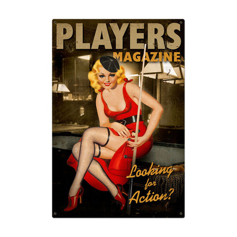 Players Pool Girl Metal Sign Wall Decor 24 x 36