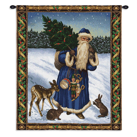 Father Christmas Blue Wall Tapestry With Rod