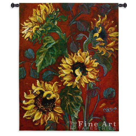 Sunflowers on Red 1 Wall Tapestry
