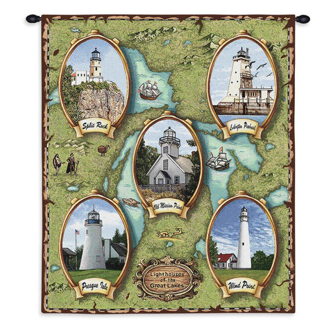 Lighthouses of the Great Lakes II Wall Tapestry With Rod