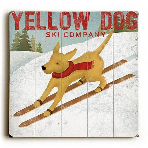 Yellow Dog Ski Wood Sign 13x13 Planked