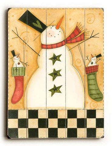 Snowman Stocking Wood Sign 13x13 Planked