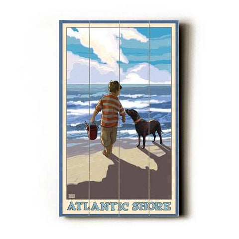 Boy and Dog at beach Wood Sign 14x23 (36cm x59cm) Planked