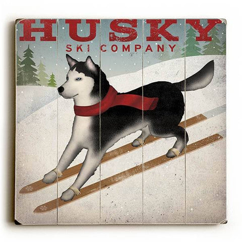 Husky Dog Ski Wood Sign 13x13 Planked