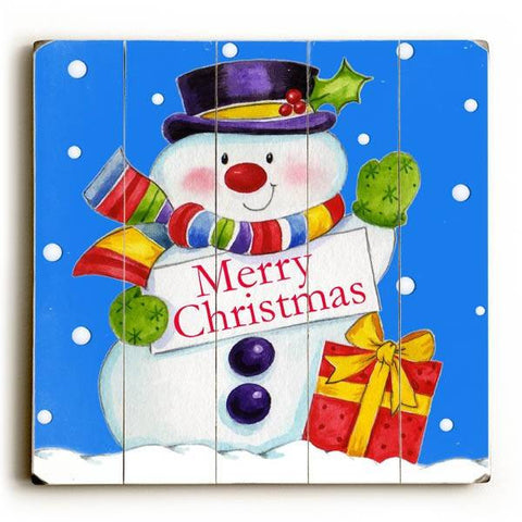 Merry Christmas Snowman Wood Sign 13x13 Planked