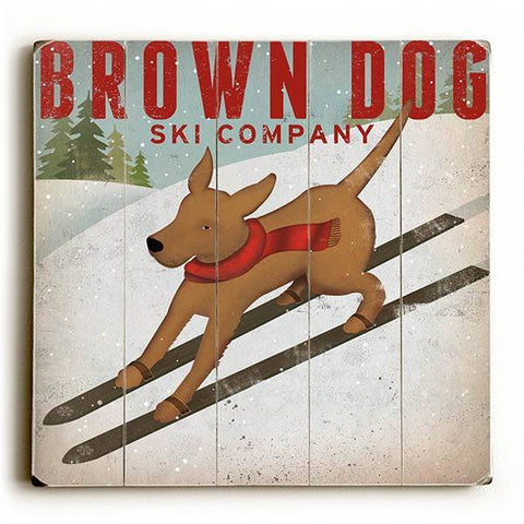 Brown Dog Ski Wood Sign 18x18 (46cm x46cm) Planked