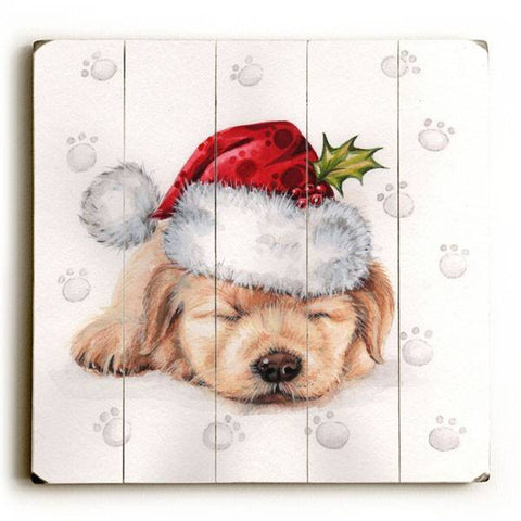 Christmas Puppy - Golden Wood Sign 13x13 Planked